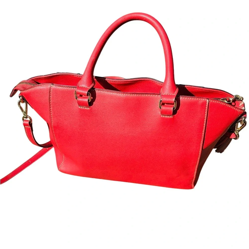 Anne Klein Red Satchel Shoulder Bag with Crossbody Strap Gold Hardware